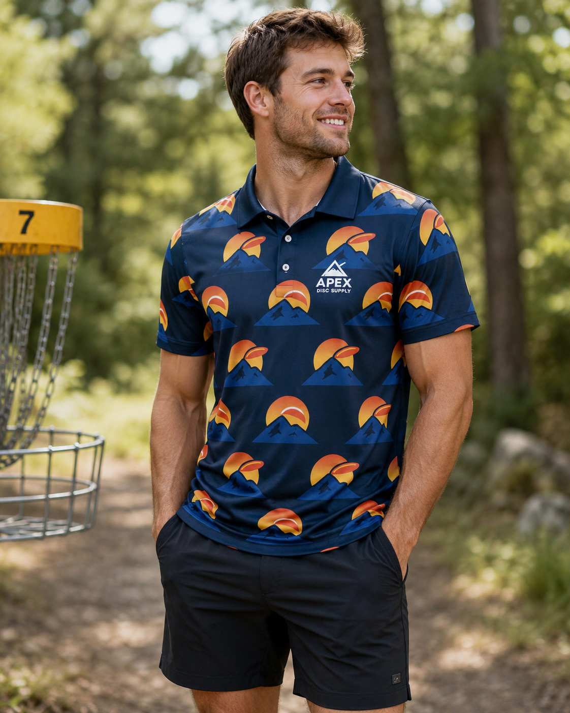 Disc Golf Polo - Mountain Disc/Sunset Design - Dark Blue